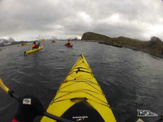 Mãos protegidas por luvas enquanto remamos nosso caiaque em Prion Island, na Geórgia do Sul